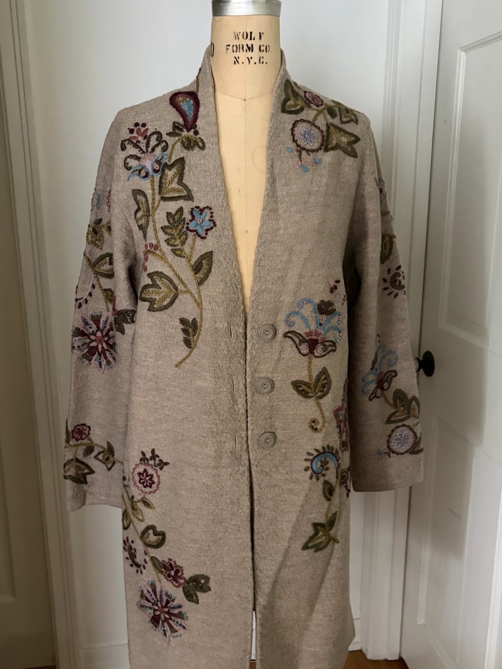 Long Wool Cardigan by Tweeds Hand Embroidered Sweater Coat XL Vintage